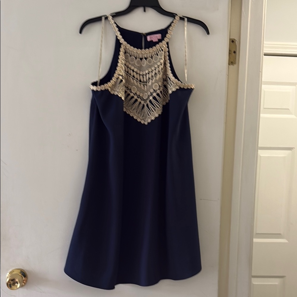 Lilly Pulitzer Blue and Gold Crochet Halter Mini Dress